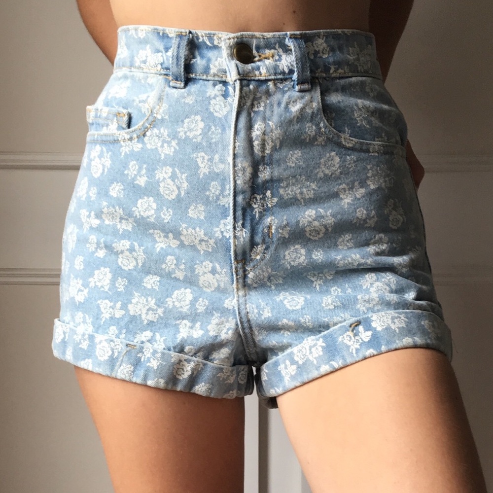 American Apparel Floral High Waisted Denim Shorts
